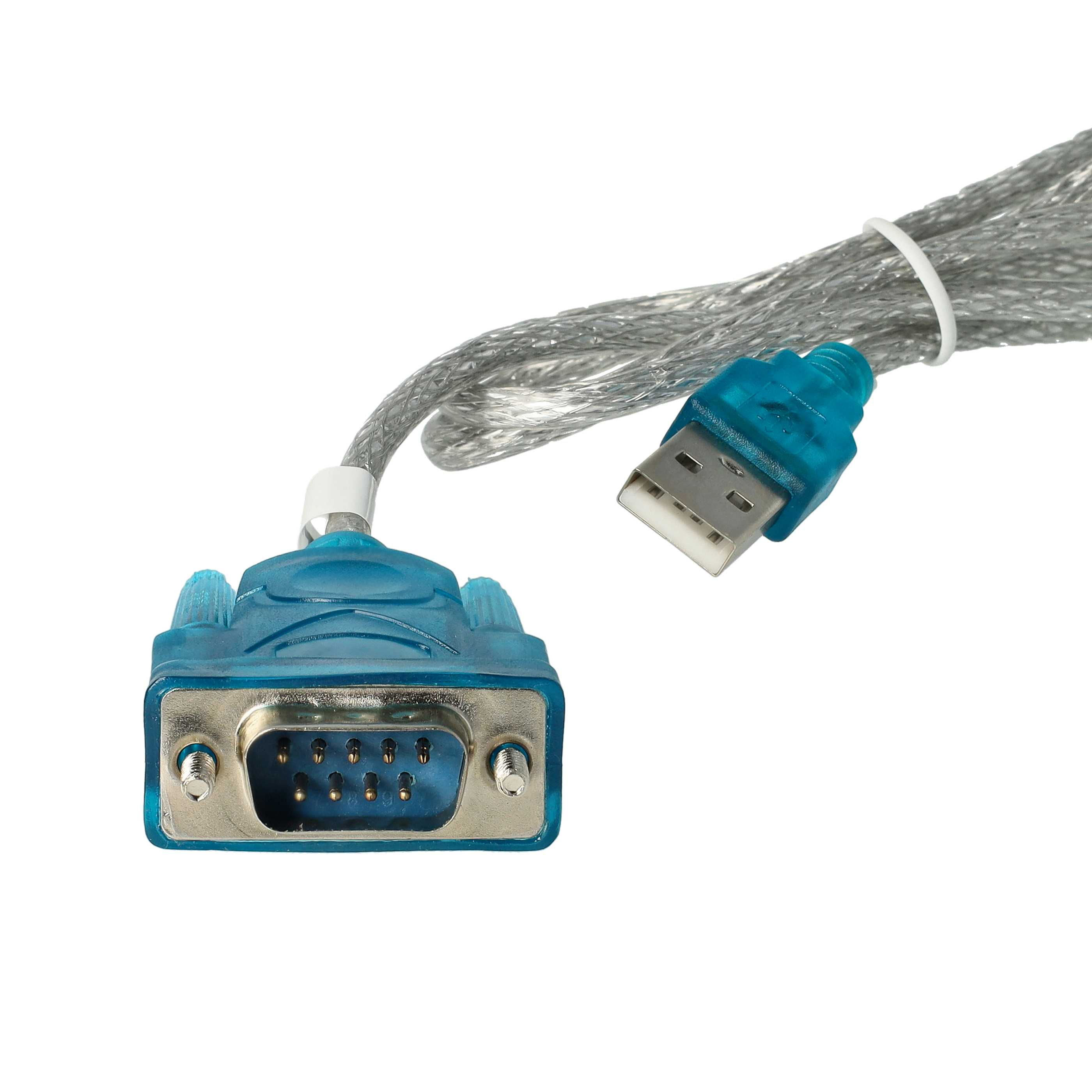 Ein blau-silbernes USB-auf-Seriell-Kabel auf weißem Hintergrund. Die Anschlüsse sind gut sichtbar.