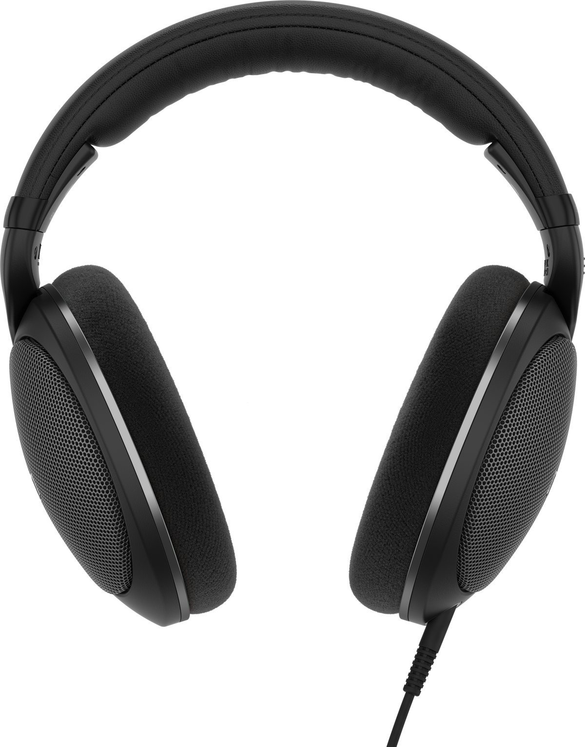 Czarne słuchawki z wyściełanym pałąkiem i nausznikami. Nauszniki mają siatkową konstrukcję. Podłączony jest kabel.