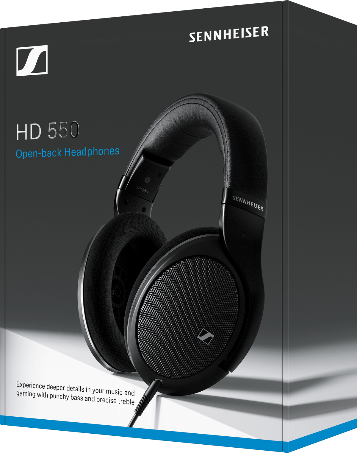 Czarne słuchawki Sennheiser HD 550 na pudełku. Obraz przedstawia słuchawki, pudełko i logo Sennheiser.