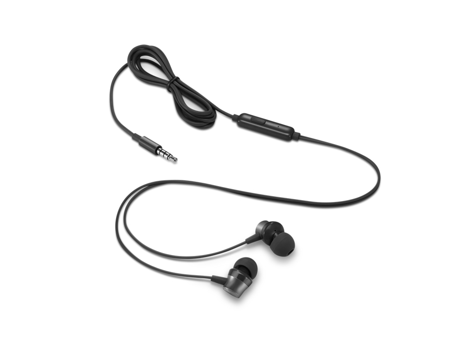 Schwarze In-Ear-Kopfhörer auf weißem Hintergrund. Das Kabel ist geschlungen und hat eine Steuertaste und einen Stecker.