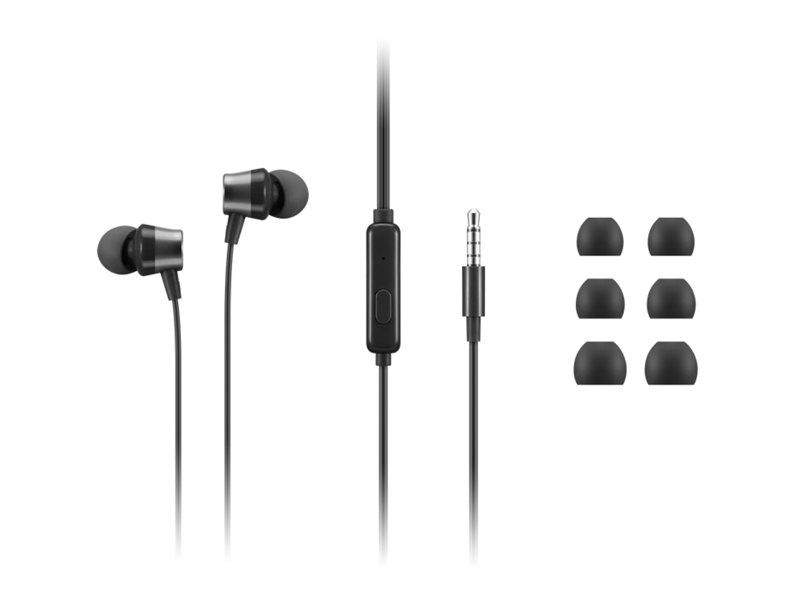 Schwarze Ohrhörer mit zusätzlichen Ohrstöpseln. Die Kopfhörer haben ein Mikrofon und einen 3,5-mm-Klinkenstecker.