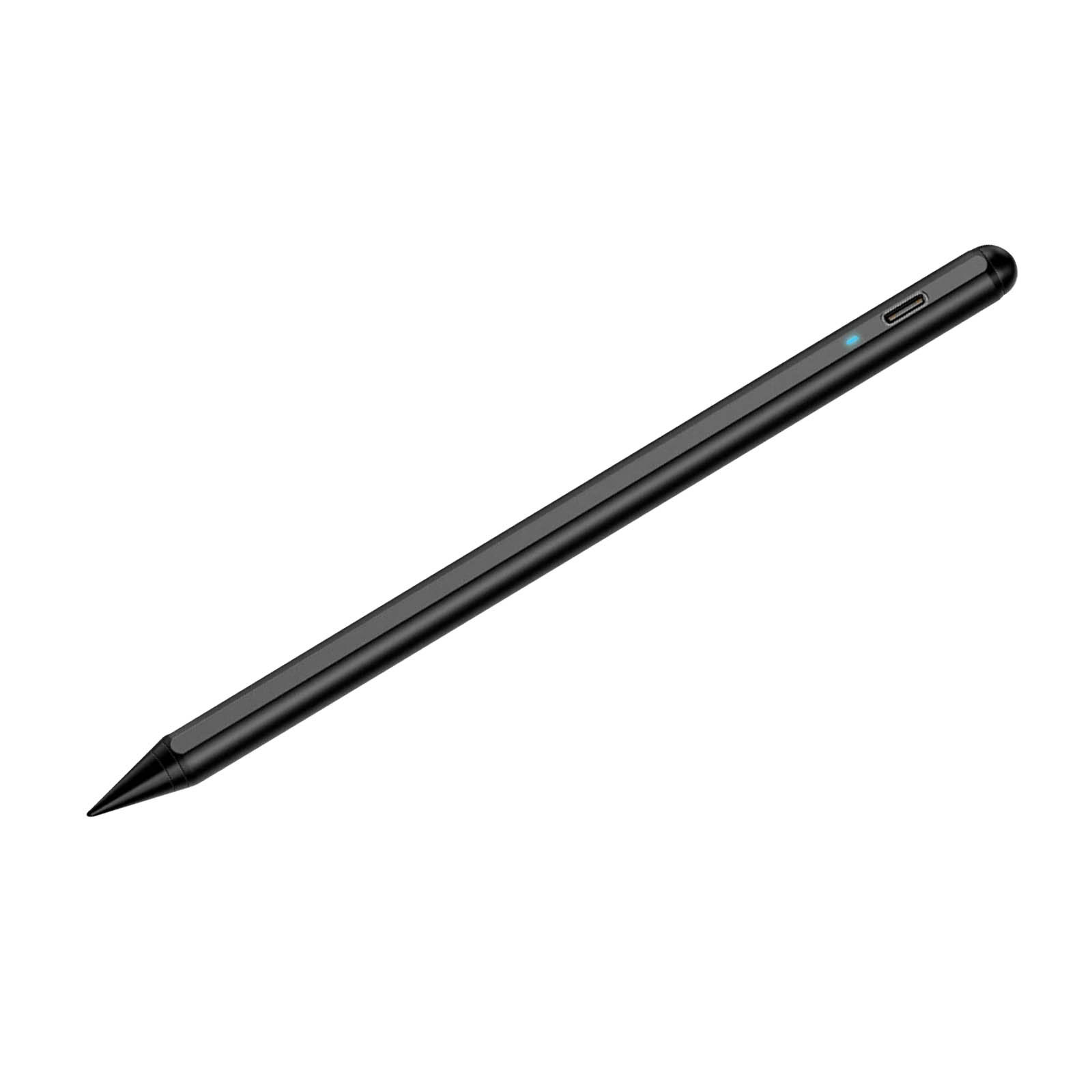 Ein schwarzer Eingabestift mit spitzer Spitze auf weißem Hintergrund. Er hat ein blaues Licht und einen Ladeanschluss.