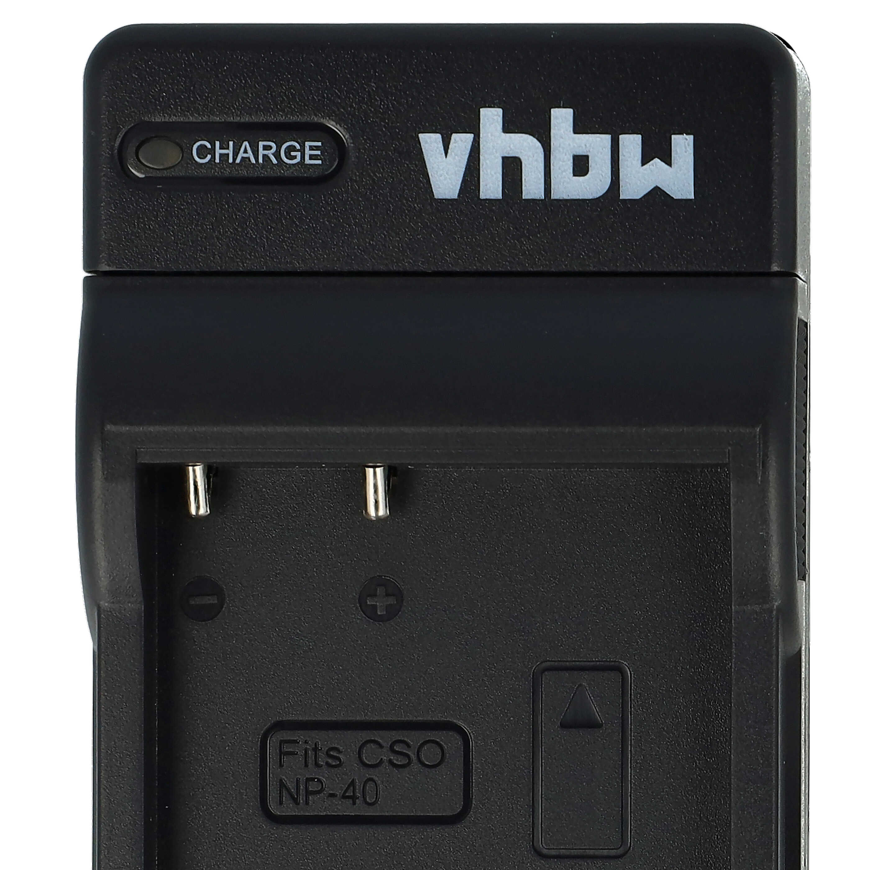 Schwarzes Ladegerät mit dem Markennamen 'vhbw'. Es hat ein 'CHARGE'-Licht, Ladeschlitze und die Aufschrift 'Fits CSO NP-40'.