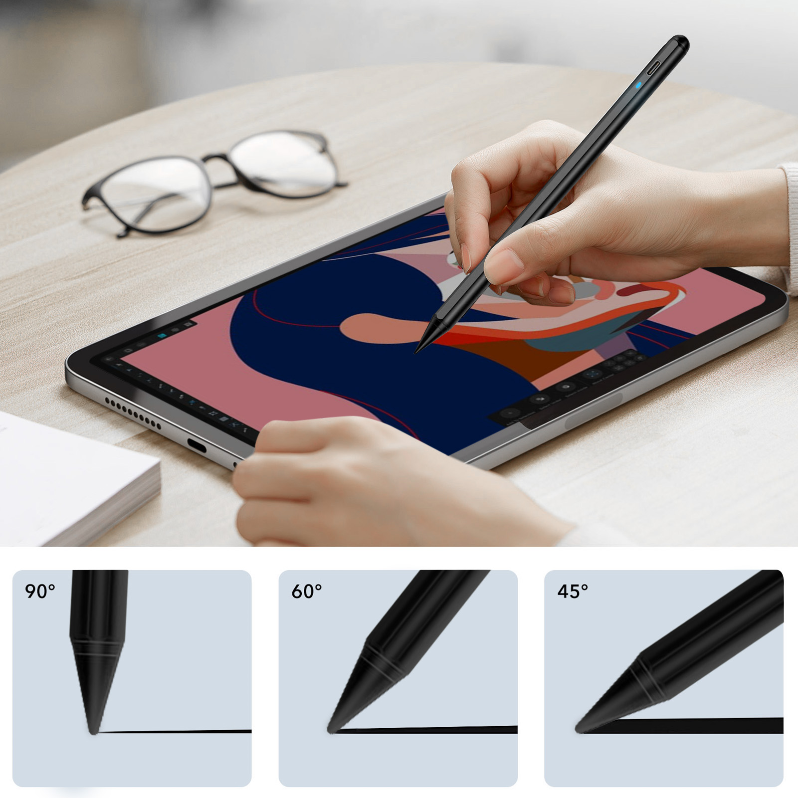 Eine Hand benutzt einen schwarzen Stift auf einem Tablet. Diagramme zeigen Stiftwinkel: 90°, 60° und 45° mit Linien.