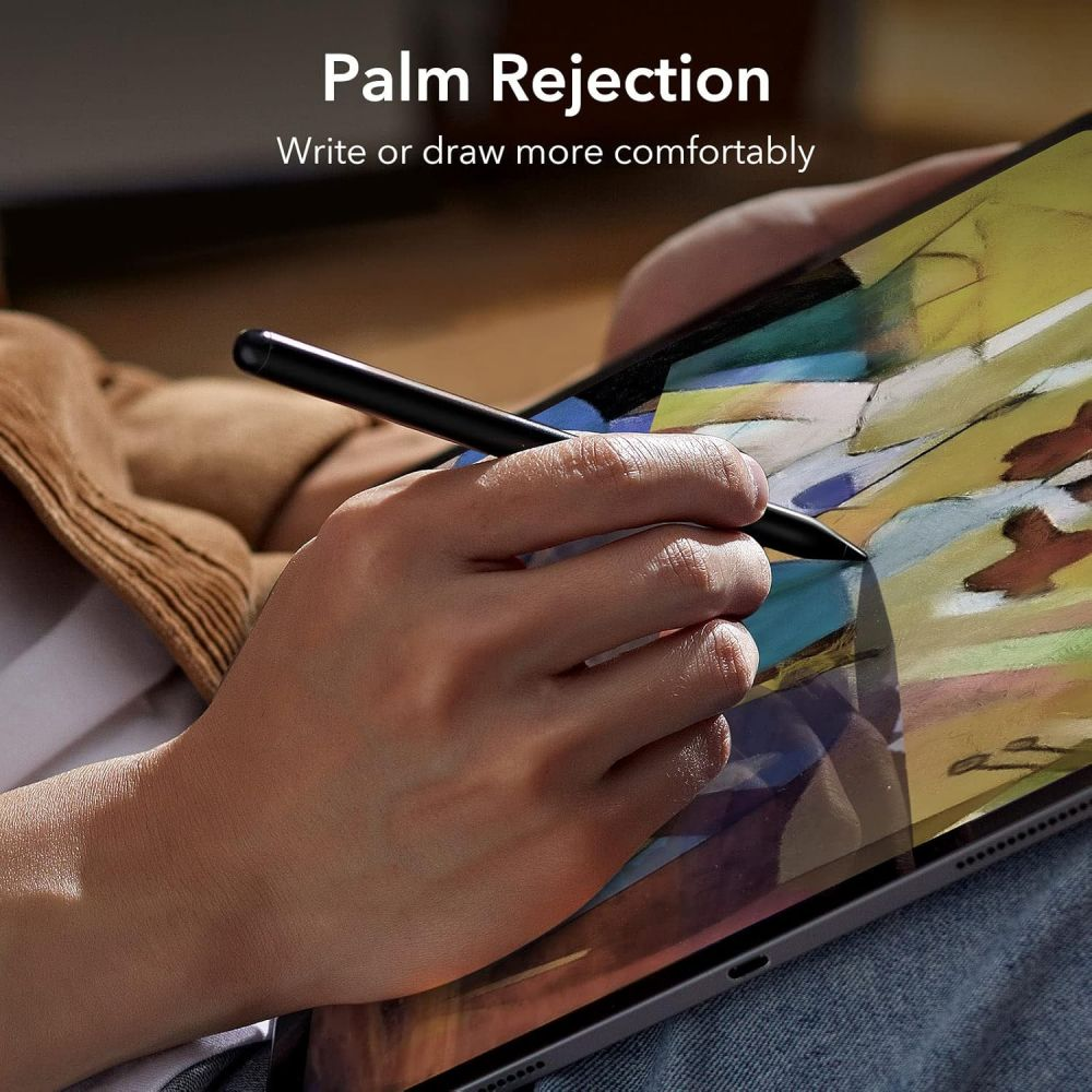 Eine Hand, die einen Stift hält, zeichnet auf einem Tablet. Das Tablet zeigt ein farbenfrohes Gemälde. Text: Palm Rejection: Bequemer schreiben oder zeichnen.