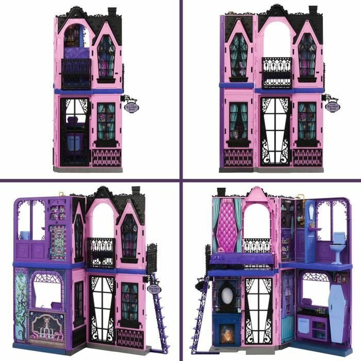 Ein rosa-lilafarbenes Puppenhaus mit schwarzen Akzenten, in vier Ansichten. Es hat Fenster, Balkone und dekorative Elemente.