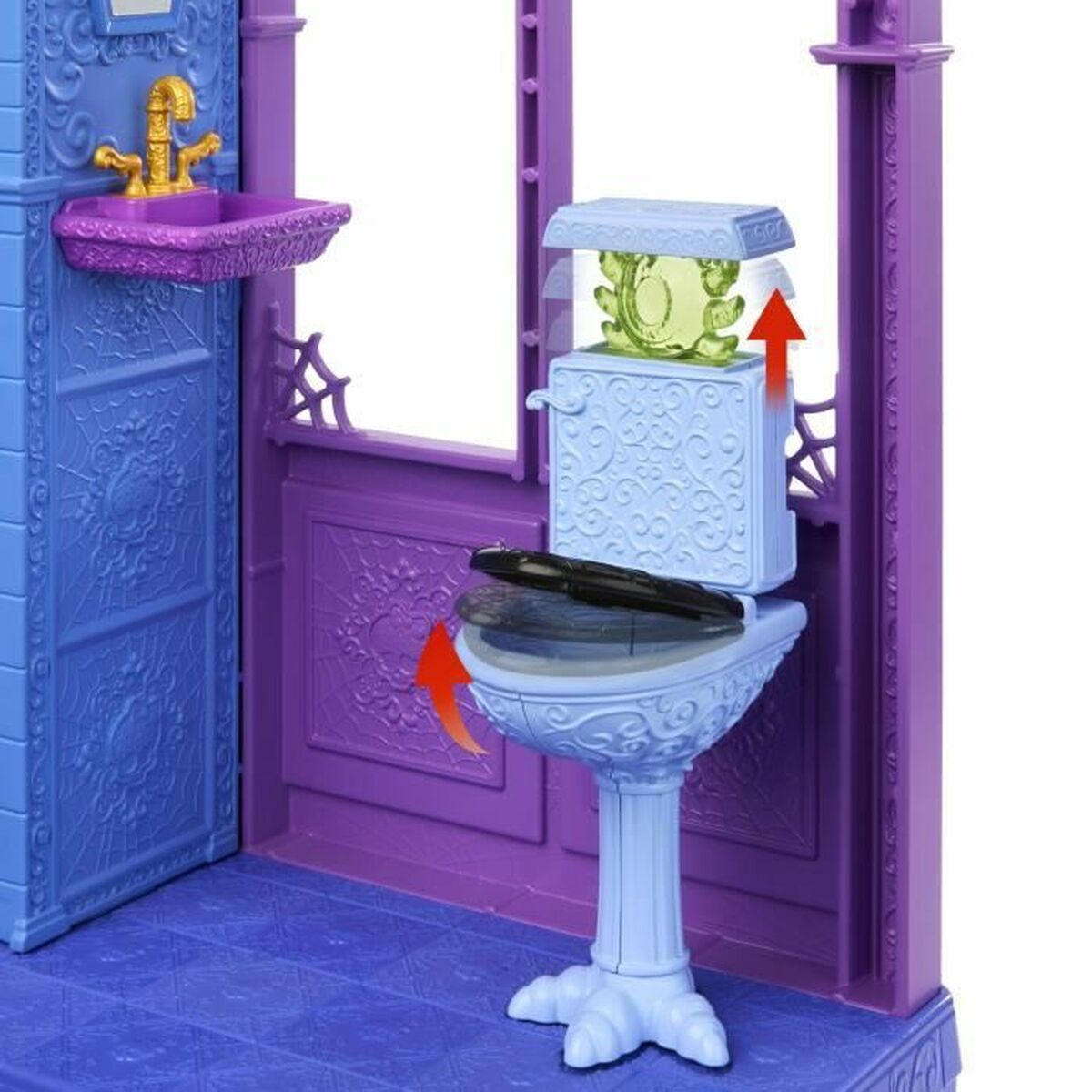 Ein Puppenhaus-Badezimmer mit Waschbecken, Toilette und Wänden. Das Waschbecken ist lila und gold, die Toilette hellblau. Die Wände sind blau und lila.