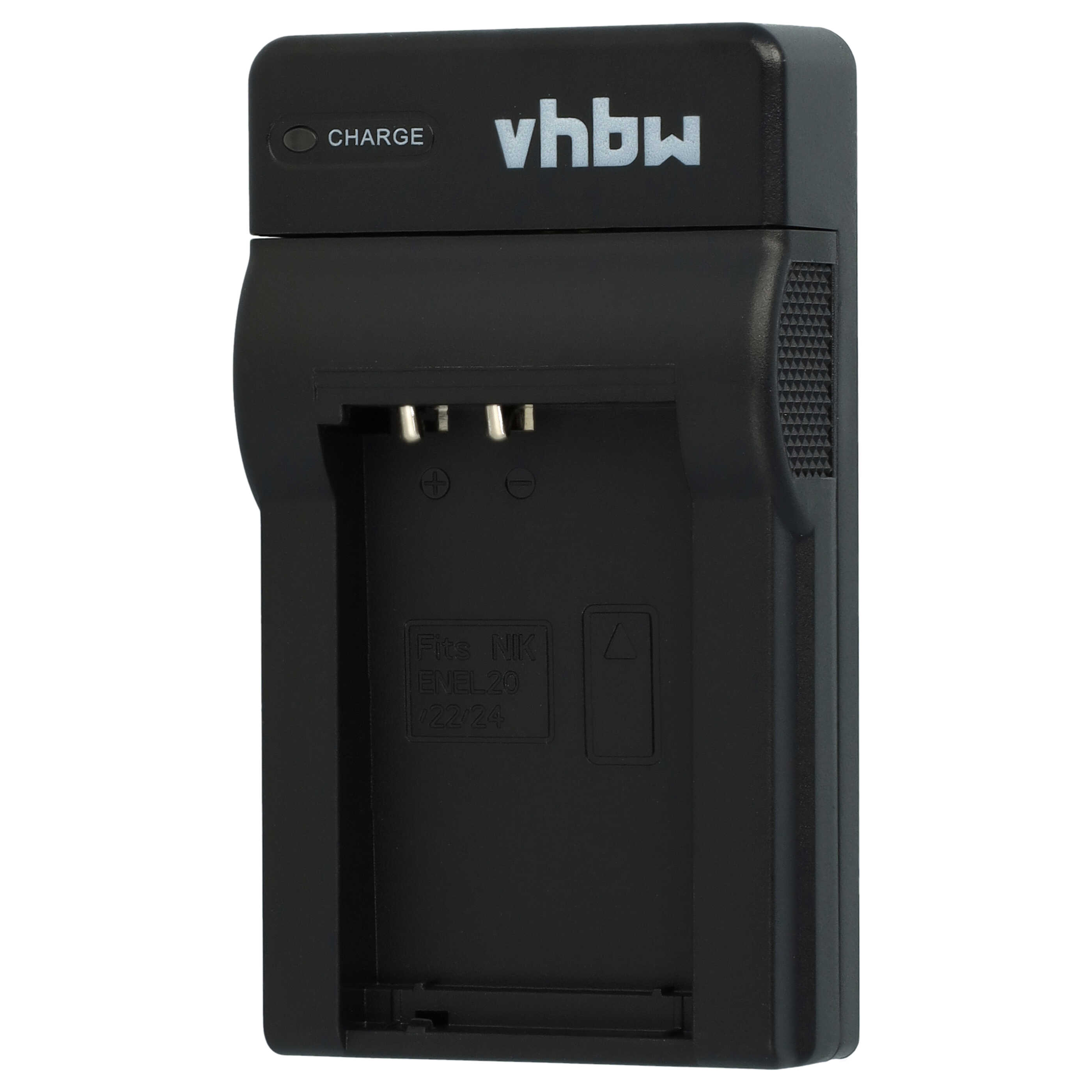 Ein schwarzes VHBW-Batterieladegerät mit der Aufschrift "CHARGE" und "vhbw" auf der Vorderseite. Es ist für Nikon EN-EL20-Akkus.