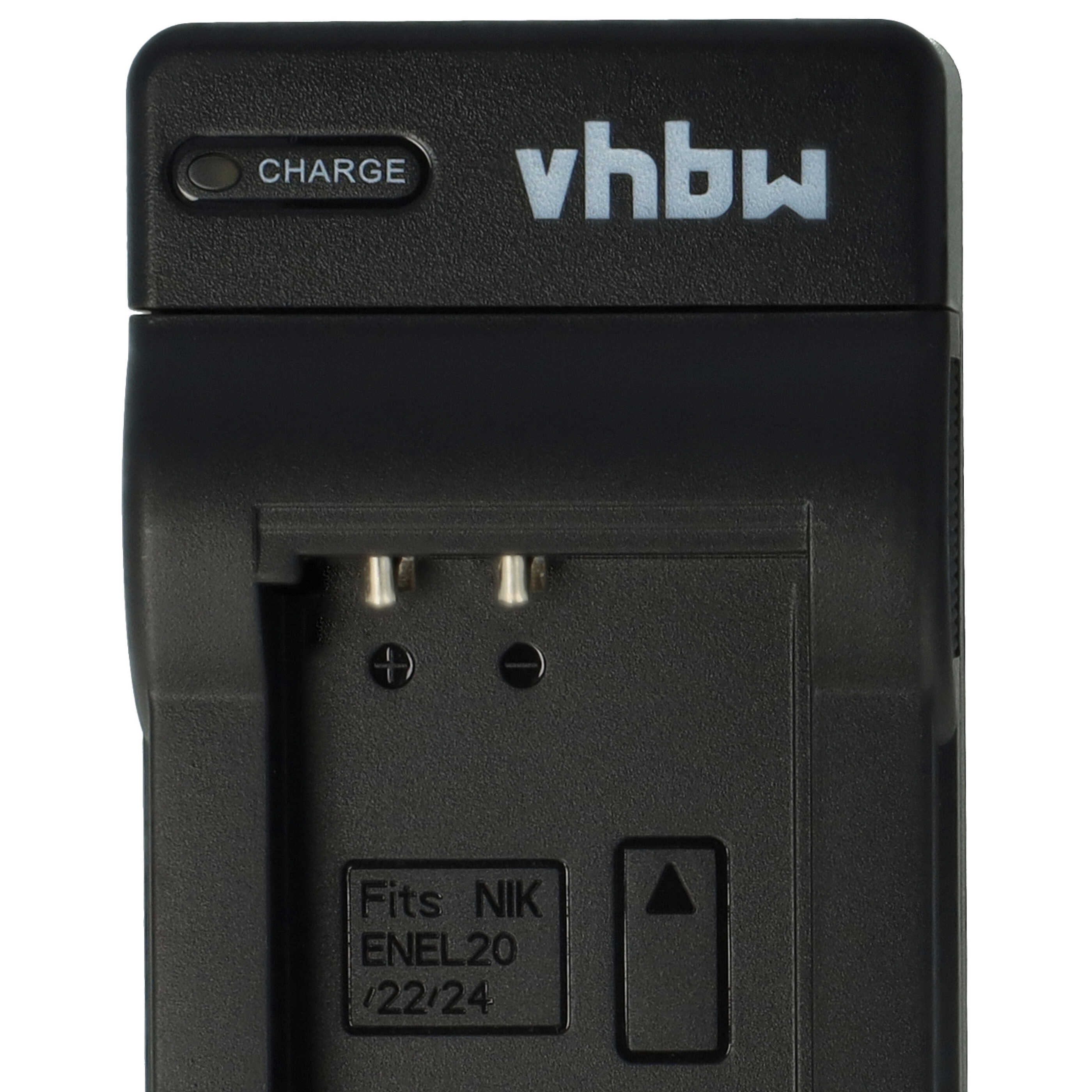 Schwarzes Vhbw-Batterieladegerät mit der Aufschrift 'CHARGE' und 'Fits NIK ENEL20/22/24'. Weißer Hintergrund.