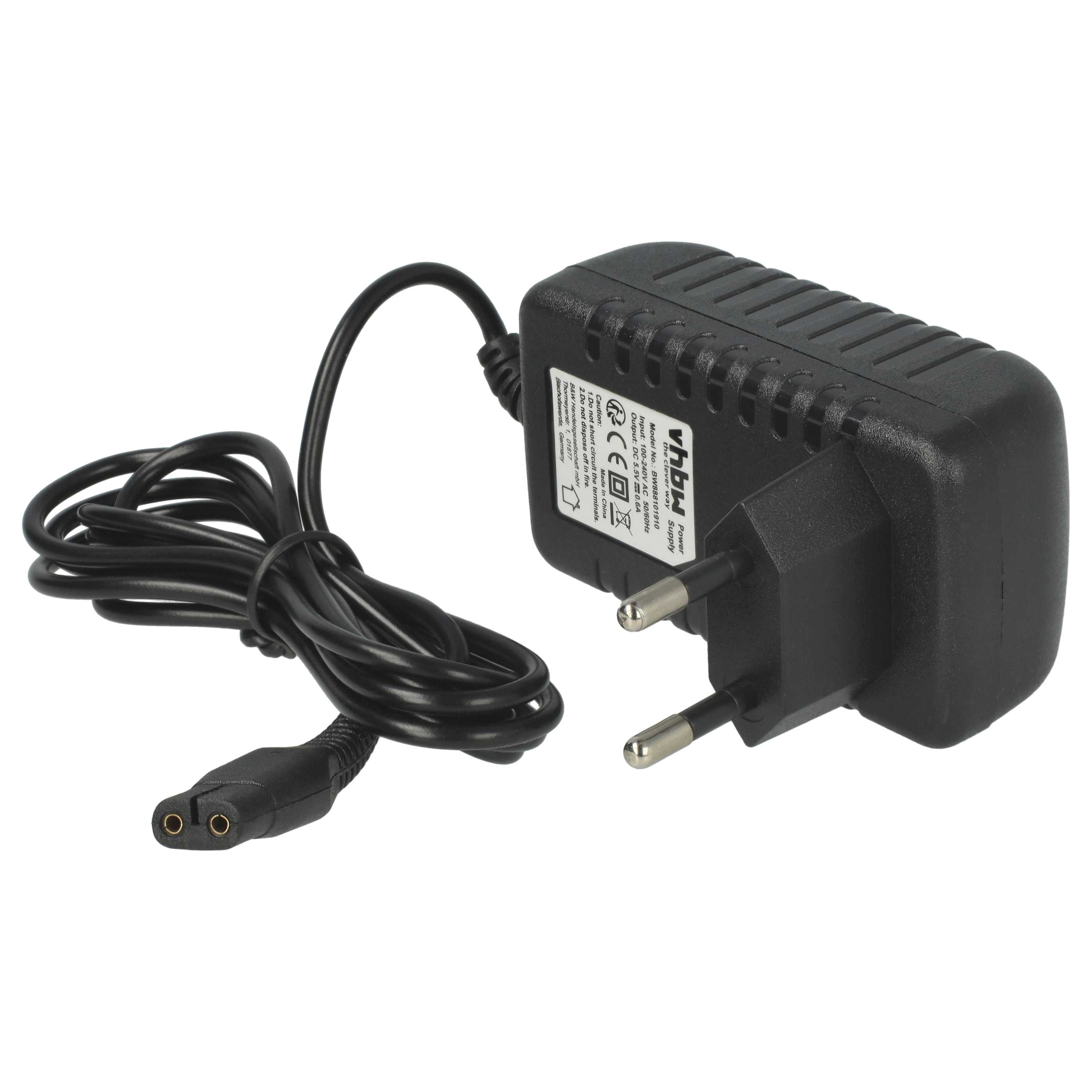 Ein schwarzes Netzteil mit Stecker und Kabel. Das Kabel endet mit zwei runden Steckern.