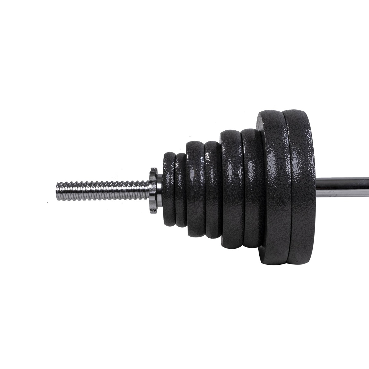 Sztanga z kilkoma czarnymi talerzami i gwintowanym końcem. Tło jest białe.