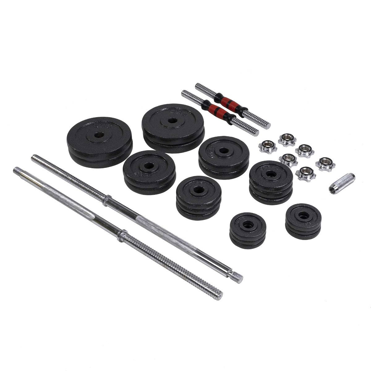 Zestaw ciężarów na białej powierzchni. Obejmuje talerze, sztangi, uchwyty do hantli i kołnierze. Wszystkie elementy są czarne i srebrne.