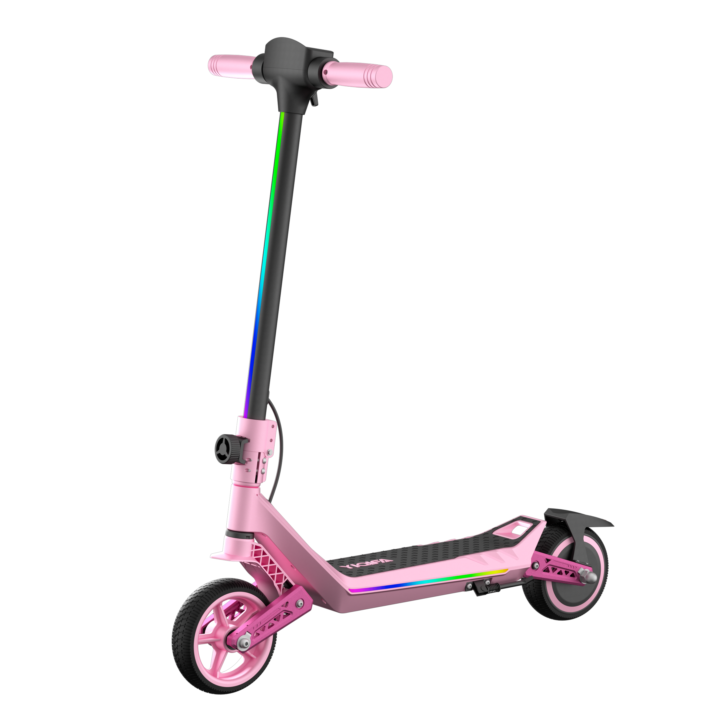 Rosa Elektroroller auf schwarzem Hintergrund. Er hat einen schwarzen Stiel mit Regenbogenlichtern und rosa Rädern.