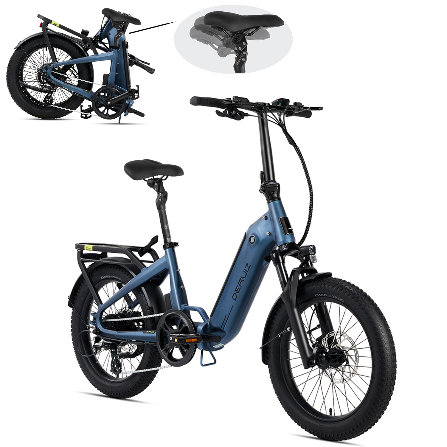 Ein blaues, zusammenklappbares Elektrofahrrad mit schwarzen Reifen und Sitz. Detaillierte Ansicht des Sitzes und gefaltete Version.