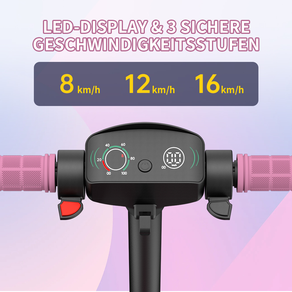 Elektroroller mit rosa Griffen und Digitalanzeige für Geschwindigkeiten: 8, 12 und 16 km/h. Er hat einen Tacho.