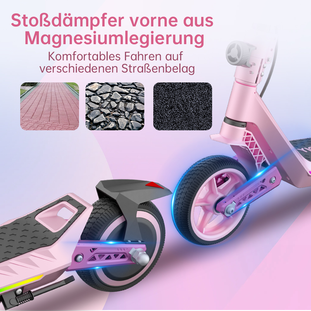 Rosa Elektroroller mit schwarzen Reifen. Drei Oberflächenmuster: Ziegel, Kopfsteinpflaster, Asphalt. Text auf Deutsch bewirbt Magnesiumlegierung.