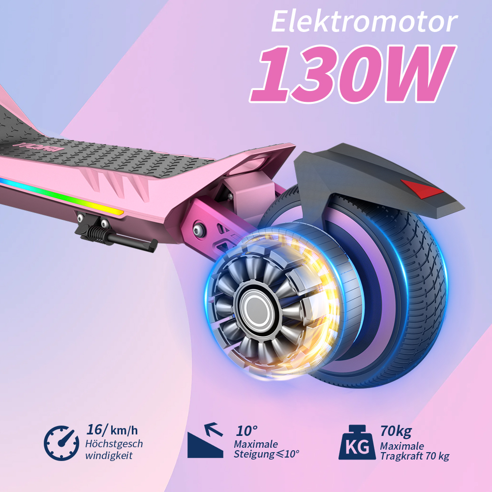 Pinkfarbener Elektroroller mit 130W Motor. Er hat eine Geschwindigkeit von 16 km/h, einen Steigungswinkel von 10° und eine maximale Belastung von 70 kg.