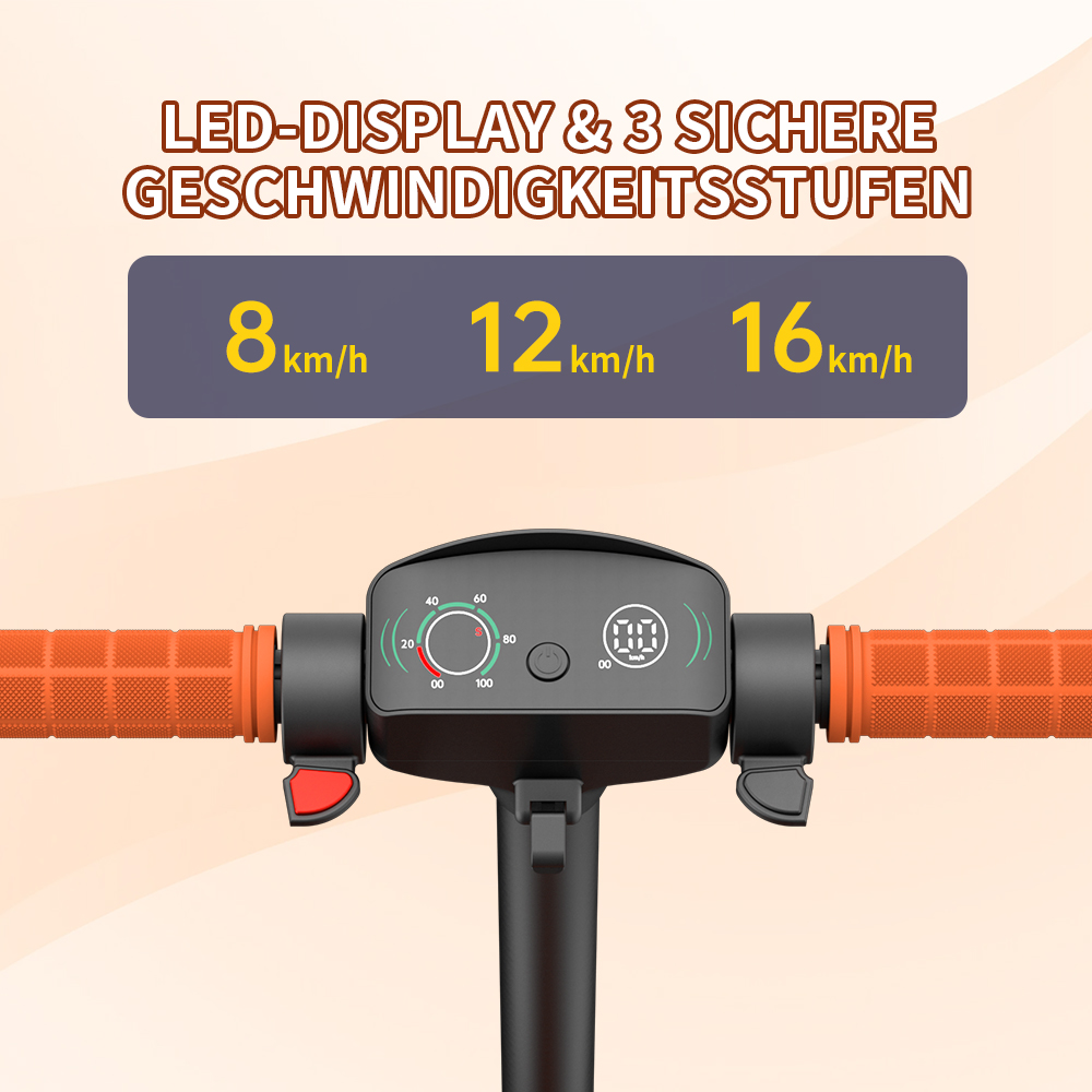 Der Lenker eines Elektrorollers mit orangefarbenen Griffen und einem Display, das Geschwindigkeitsoptionen anzeigt: 8, 12 und 16 km/h.
