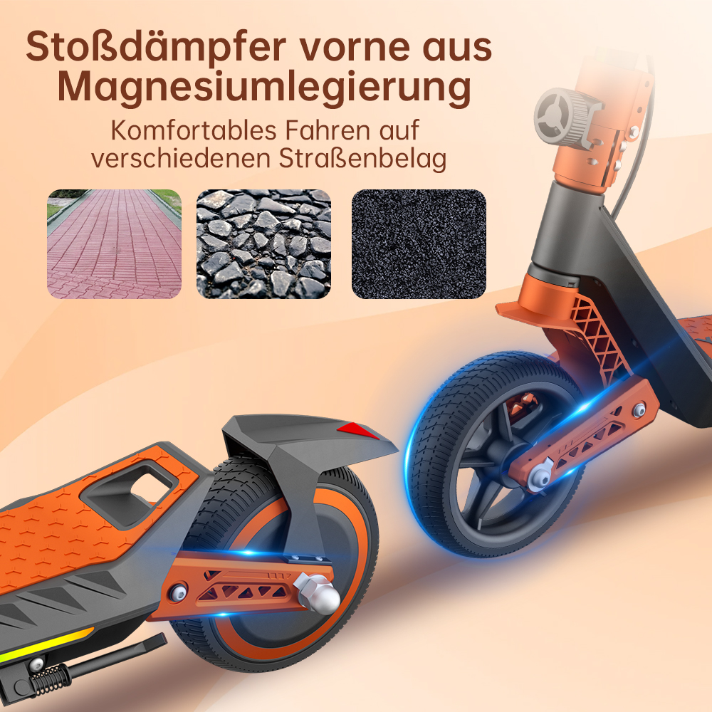 Ein orange-schwarzer Elektroroller auf hellorangefarbenem Hintergrund. Text oben und drei kleine Bilder verschiedener Straßenoberflächen.