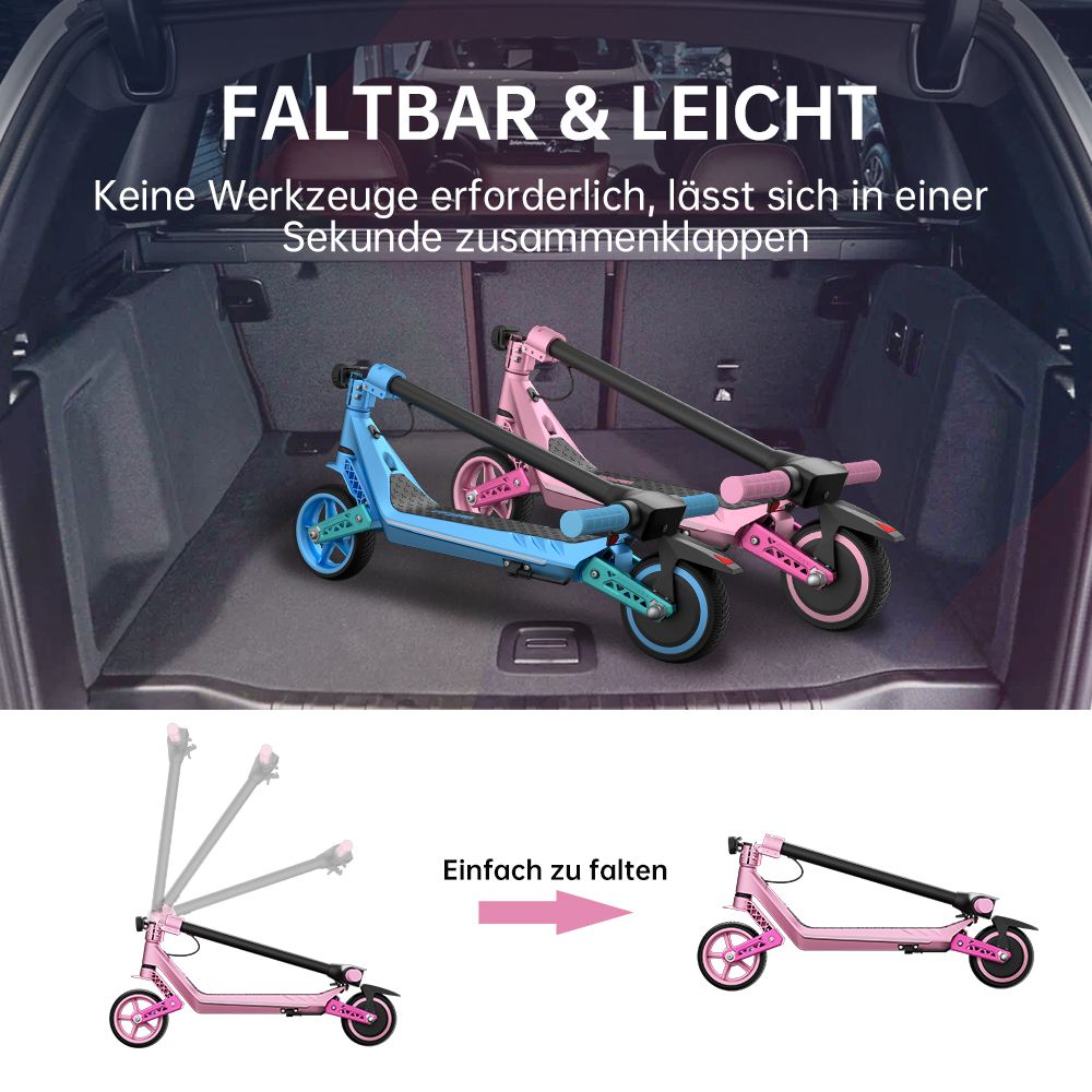 Zwei zusammengeklappte Roller in einem Kofferraum, einer blau und einer rosa. Text sagt faltbar und leicht, einfach zu falten.