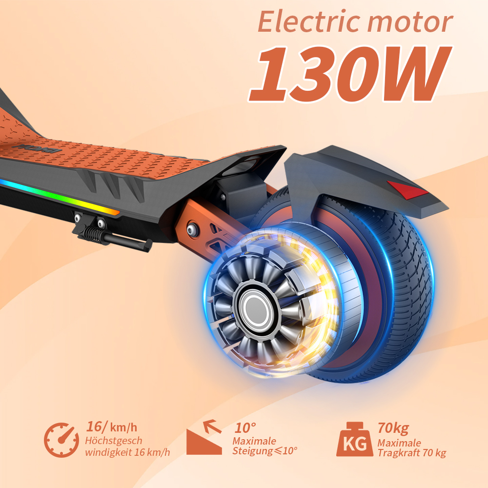 Elektroroller mit 130W Motor. Merkmale: 16 km/h, 10° Steigung, 70 kg Tragkraft. Orange und schwarz Design.