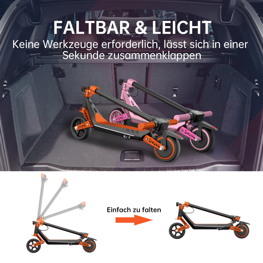 Zwei faltbare Roller im Kofferraum. Einer orange/schwarz, der andere rosa. Text: FALTBAR & LEICHT. Einfach zu falten.