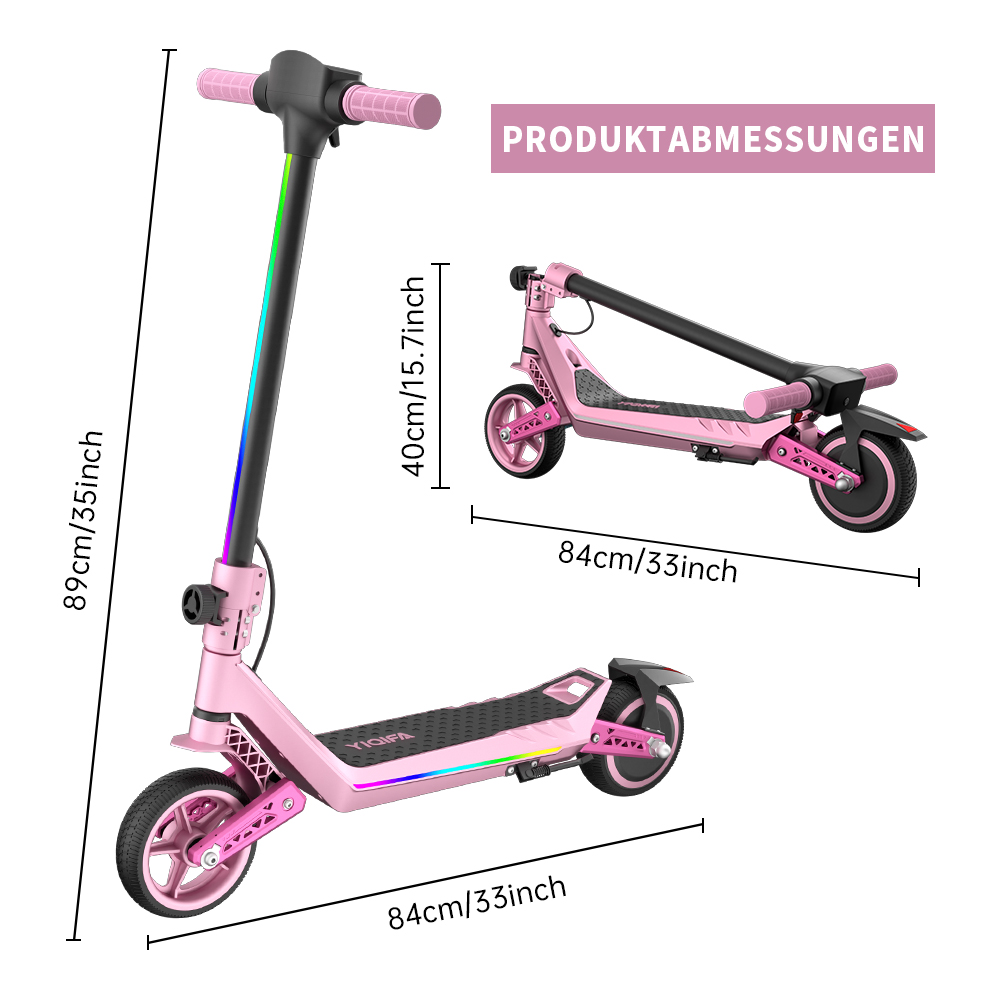 Ein pinkfarbener Elektroroller mit angezeigten Abmessungen. Der Roller wird gefaltet und entfaltet gezeigt, mit Maßen in cm und Zoll.