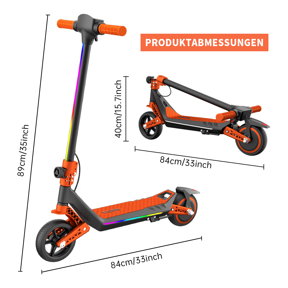 Drei orangefarbene und schwarze Elektroroller mit Maßangaben. Der Text 'PRODUKTABMESSUNGEN' steht über den Rollern.