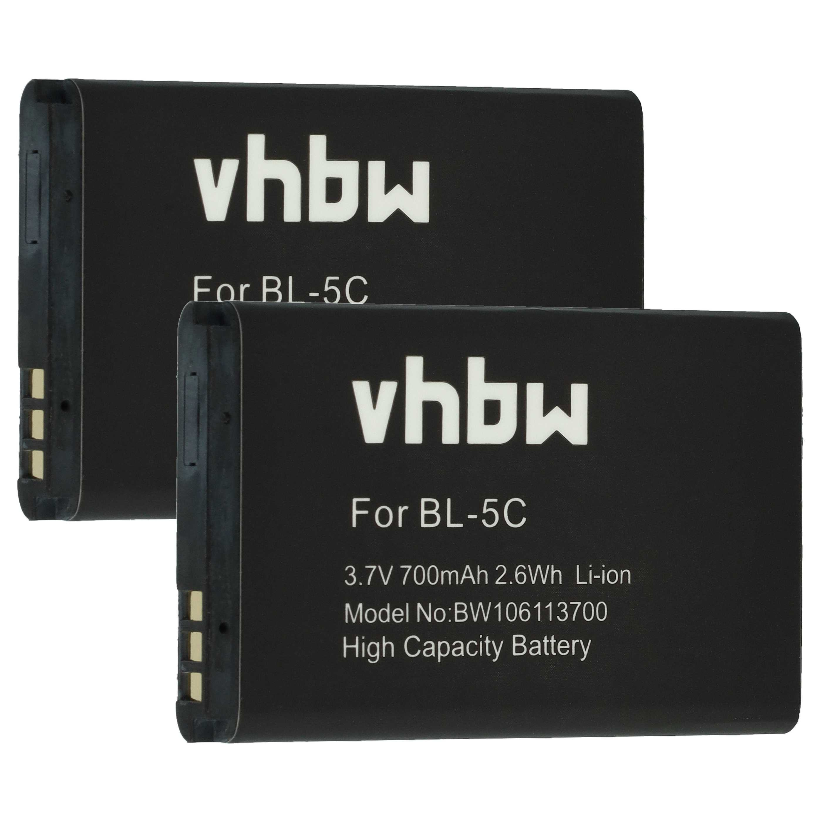 Zwei schwarze rechteckige Batterien mit weißem Text: vhbw, For BL-5C. Eine hat Produktinformationen: 3,7 V, 700 mAh.