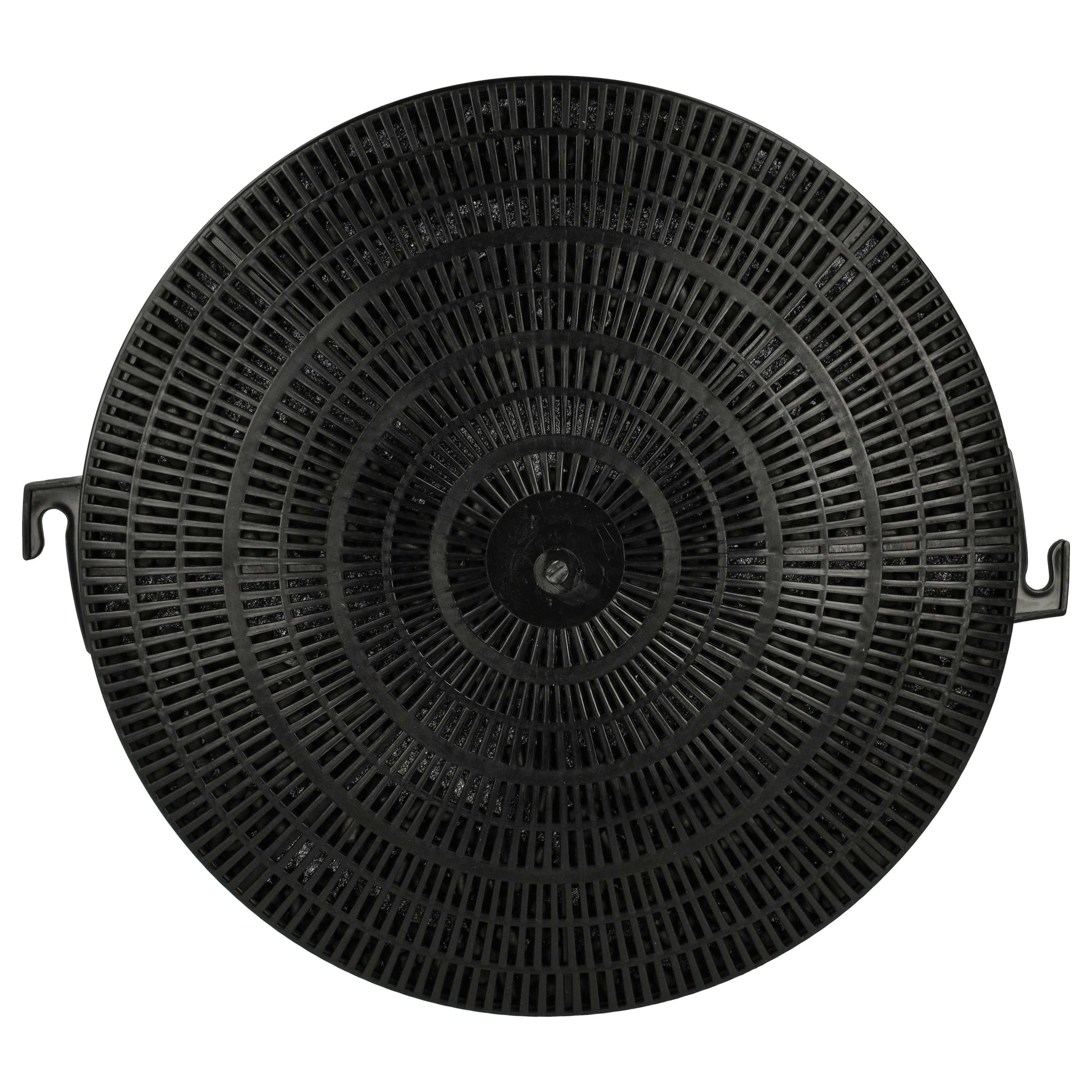 Ein runder, schwarzer Aktivkohlefilter für eine Dunstabzugshaube. Es hat ein kreisförmiges, geschlitztes Design.