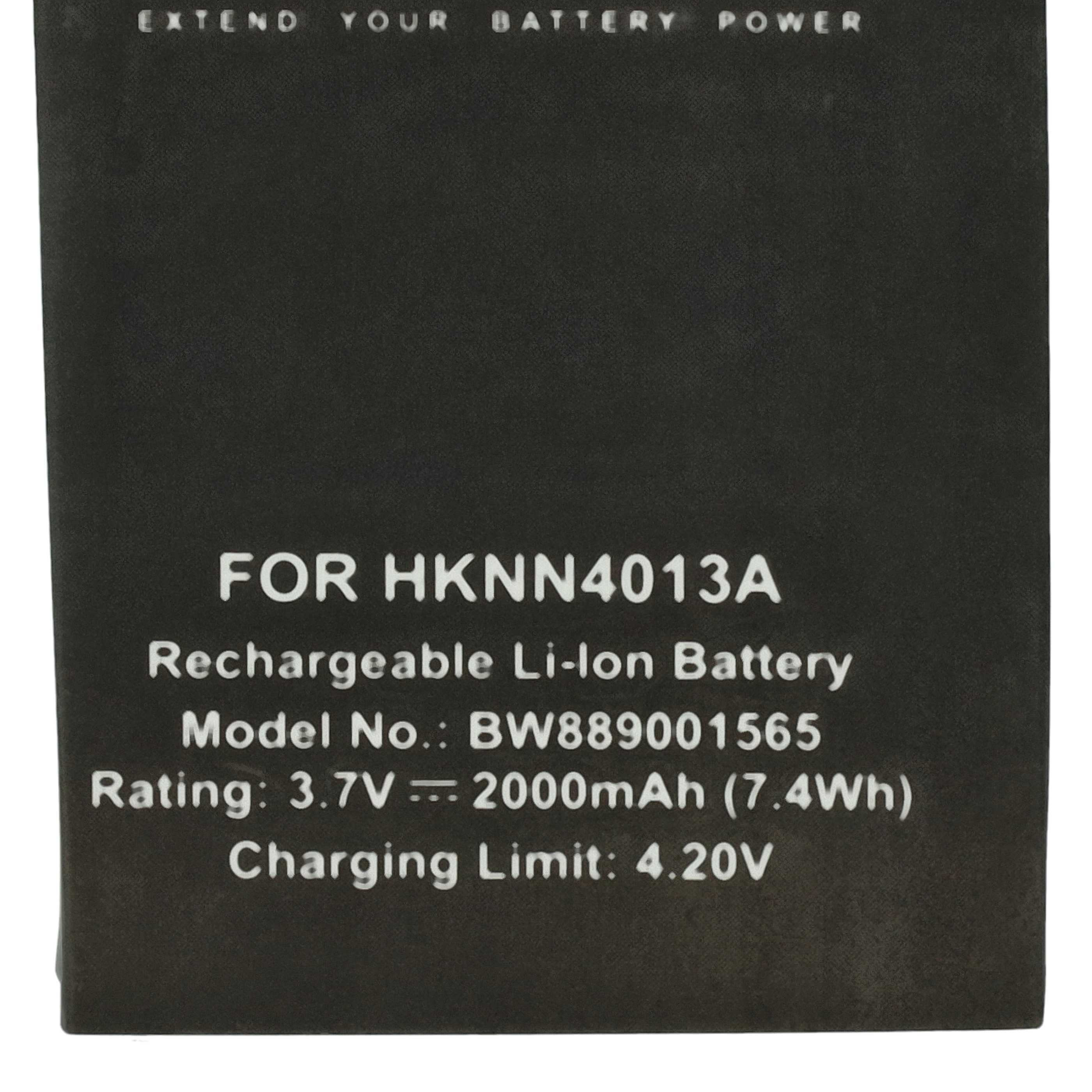 Ein schwarzes Batterieetikett mit weißem Text. Es lautet: Wiederaufladbare Li-Ion-Batterie, 3,7 V, 2000 mAh, Ladebegrenzung 4,20 V.