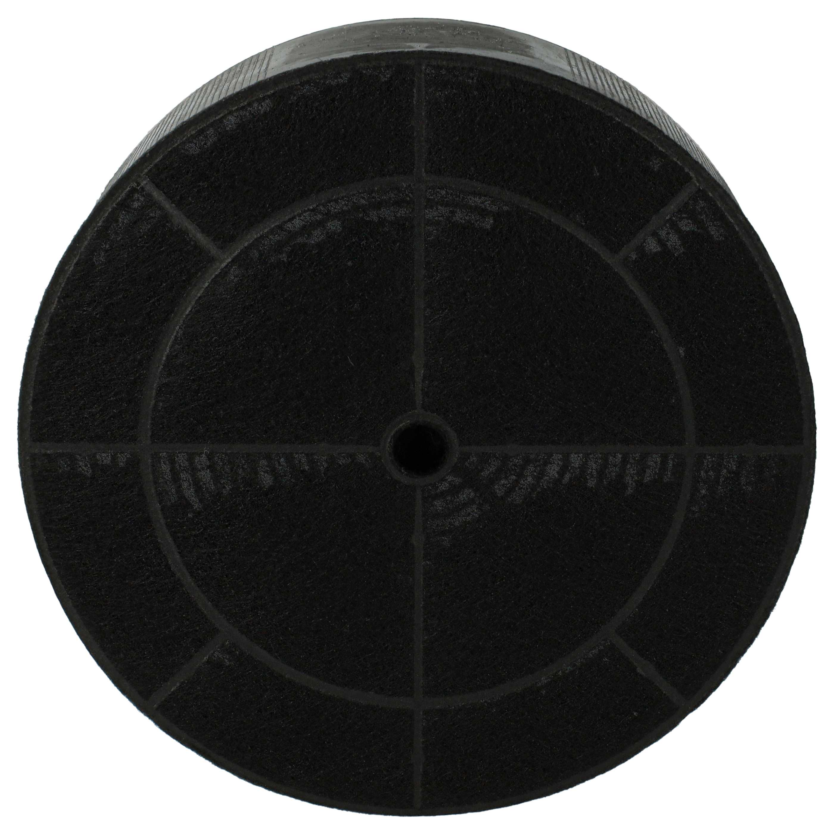 Ein runder, schwarzer Luftfilter mit einem zentralen Loch und segmentiertem Design, vor weißem Hintergrund.