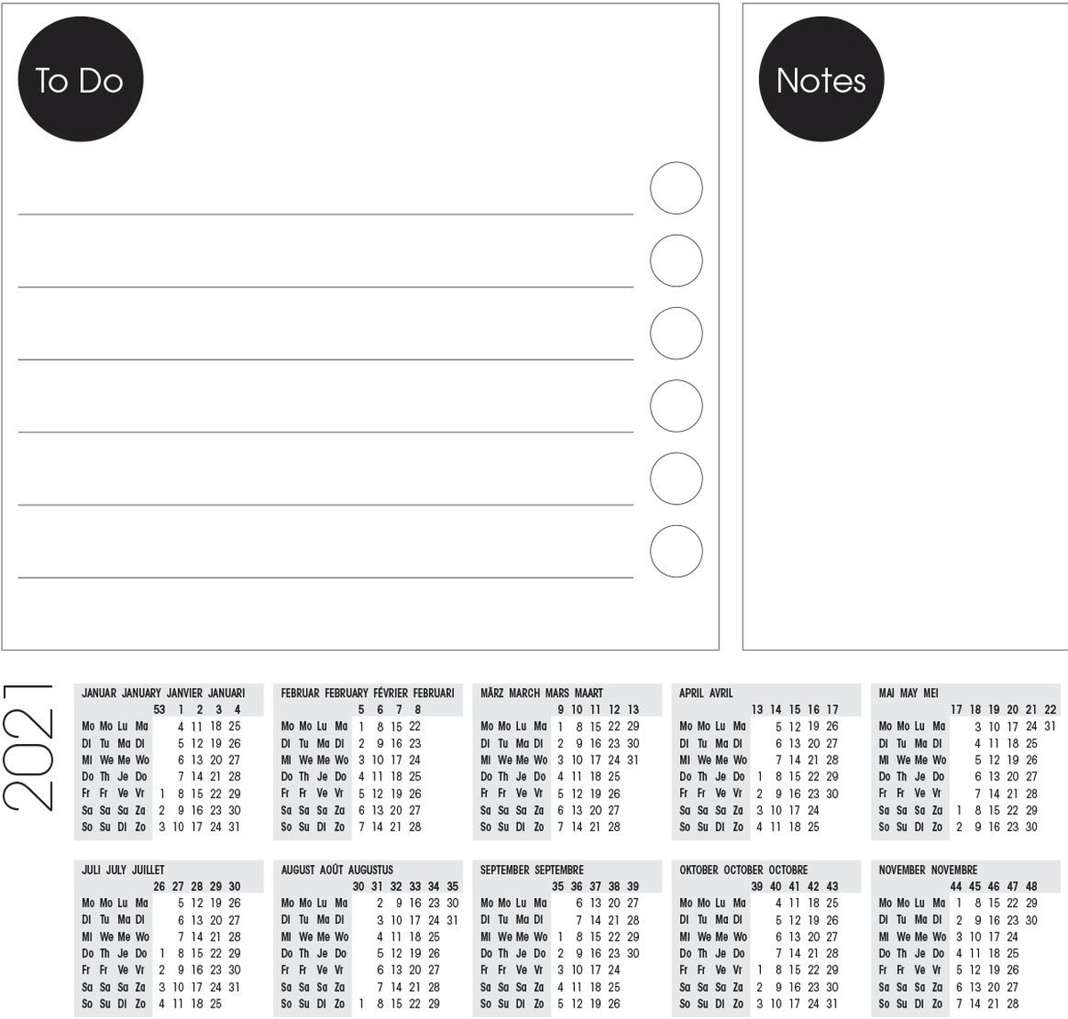 Ein weißer Kalender für 2021 mit Aufgabenliste und Notizen. Monate und Daten werden angezeigt.