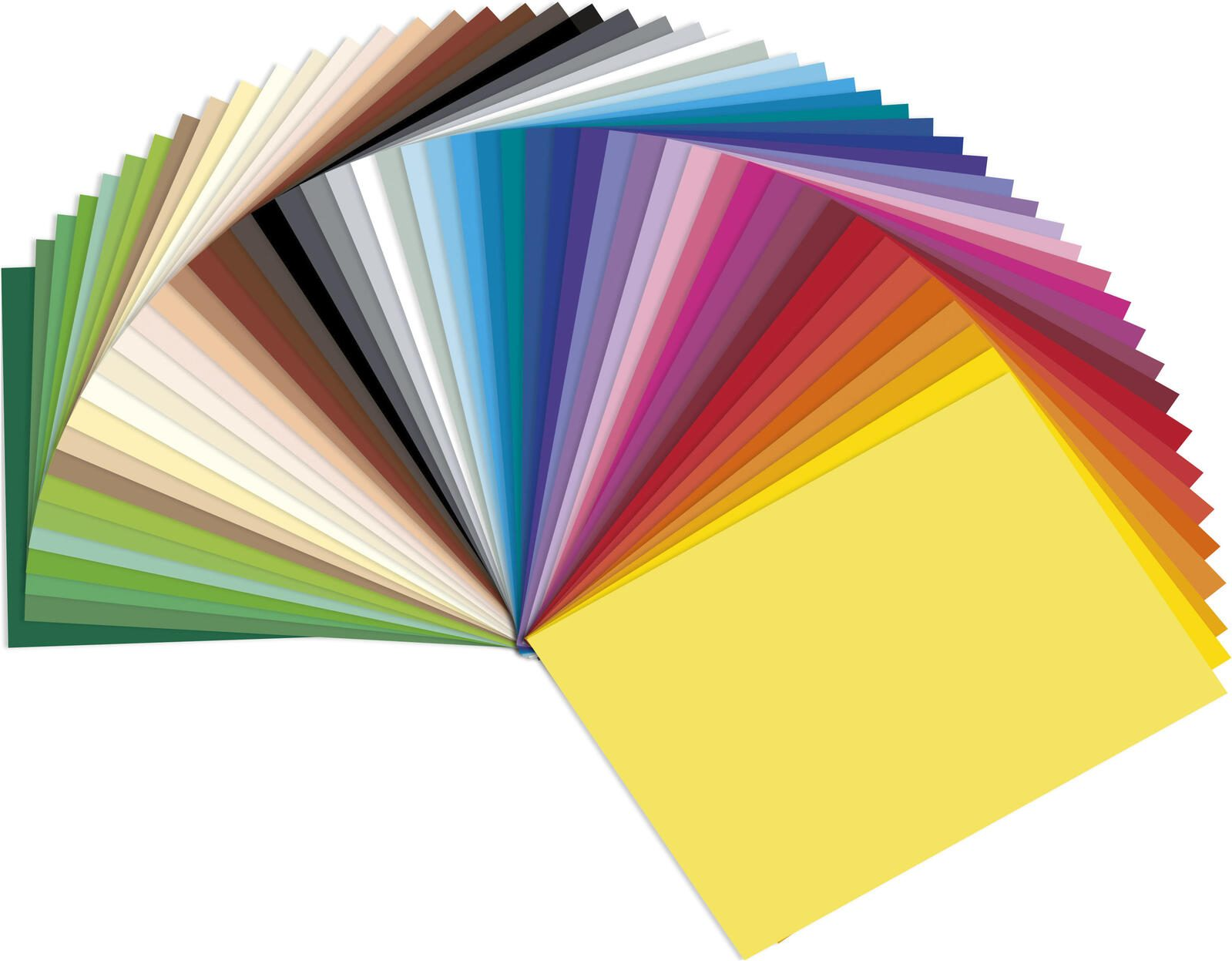 Ein Fächer aus farbigen Papierproben, von Grün, Braun, Grau, Blau, Rosa bis Gelb, auf weißem Hintergrund ausgebreitet.