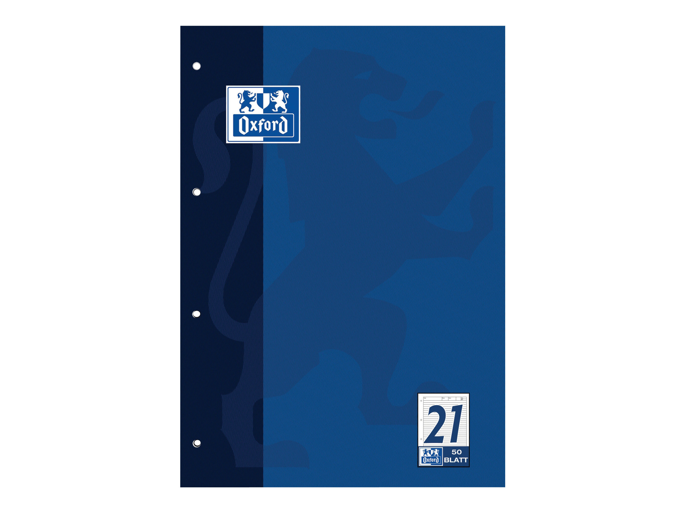 Ein blaues Oxford-Notizbuch. Es hat ein Logo, eine 21, und 50 BLATT. Links ist es dunkelblau.