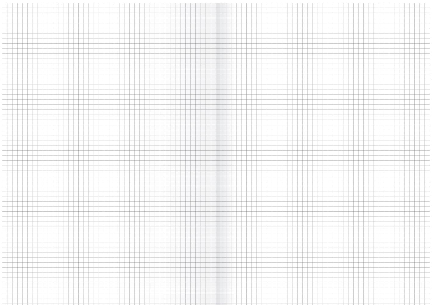 Offene Notizbuchseite mit Rastermuster. Graue vertikale Linie in der Mitte. Das Raster besteht aus dünnen grauen Linien.