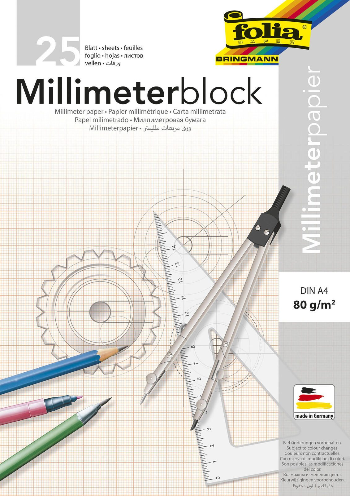 Ein Millimeterblock-Papierpaket mit Bleistiften und einem Zirkel auf einem Raster, mit einem DIN A4-Etikett.