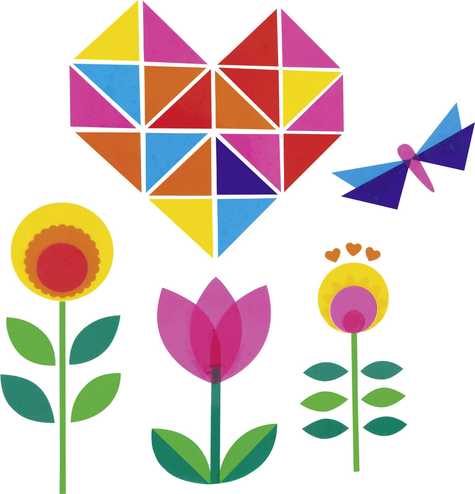 Eine farbenfrohe Illustration mit einem aus Dreiecken geformten Herz, einer Libelle und drei Blumen.
