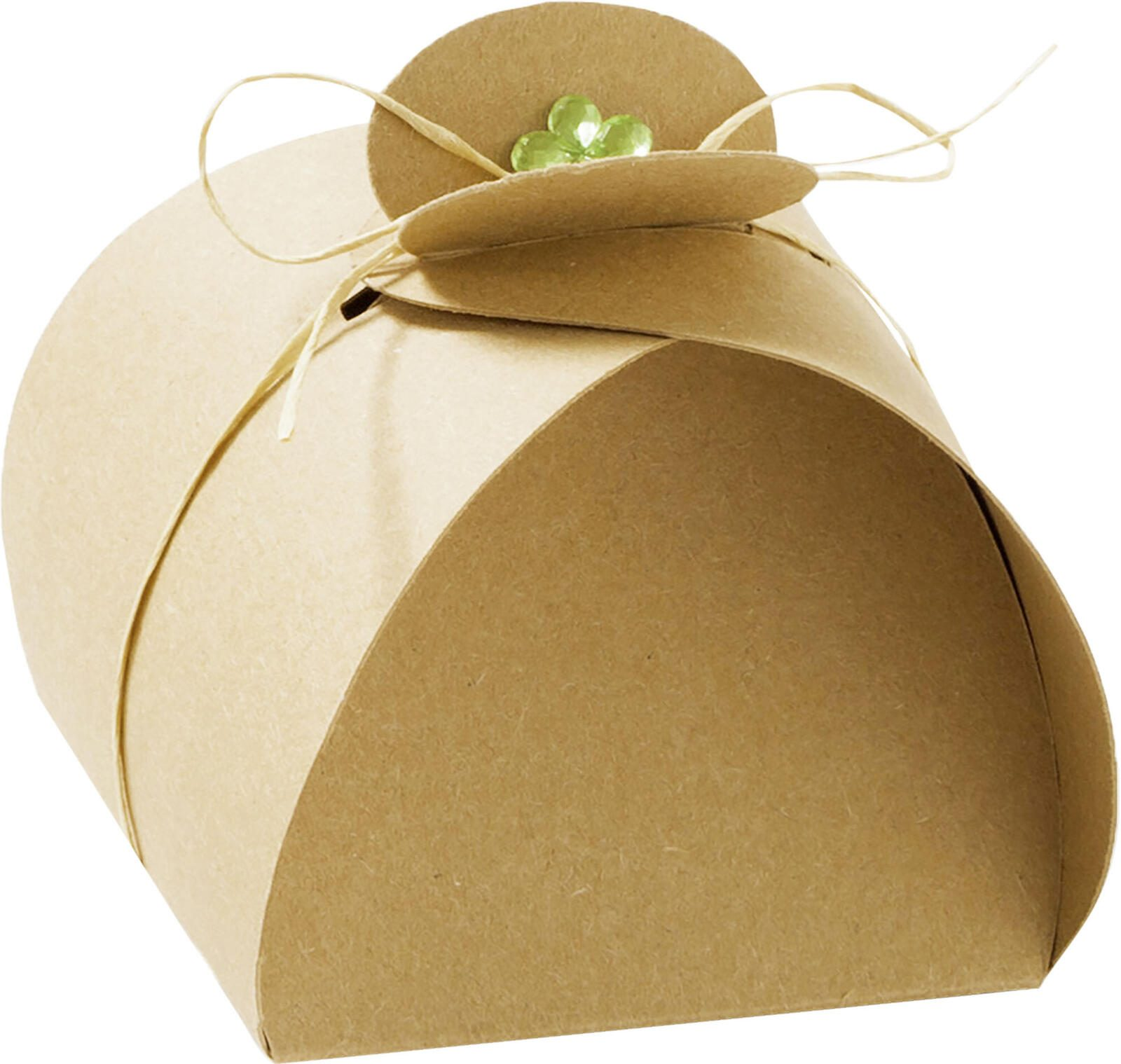 Eine braune Papiergeschenkbox mit dekorativer Oberseite mit einer grünen, edelsteinartigen Blume. Die Box ist mit Schnur gebunden.