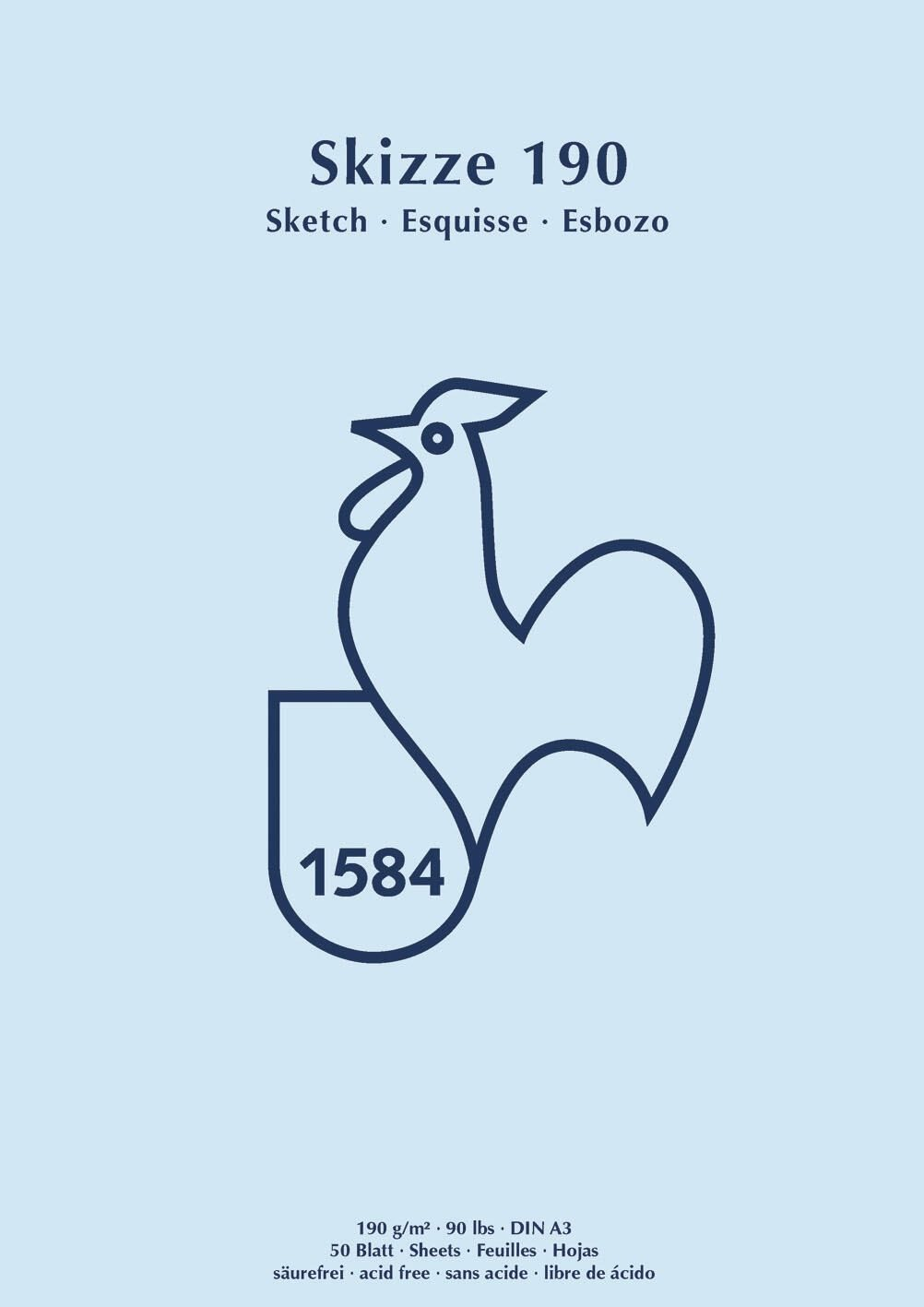 Ein blaues Hahn-Logo mit der Nummer 1584. Oben steht 'Skizze 190'. Darunter Papierdetails.