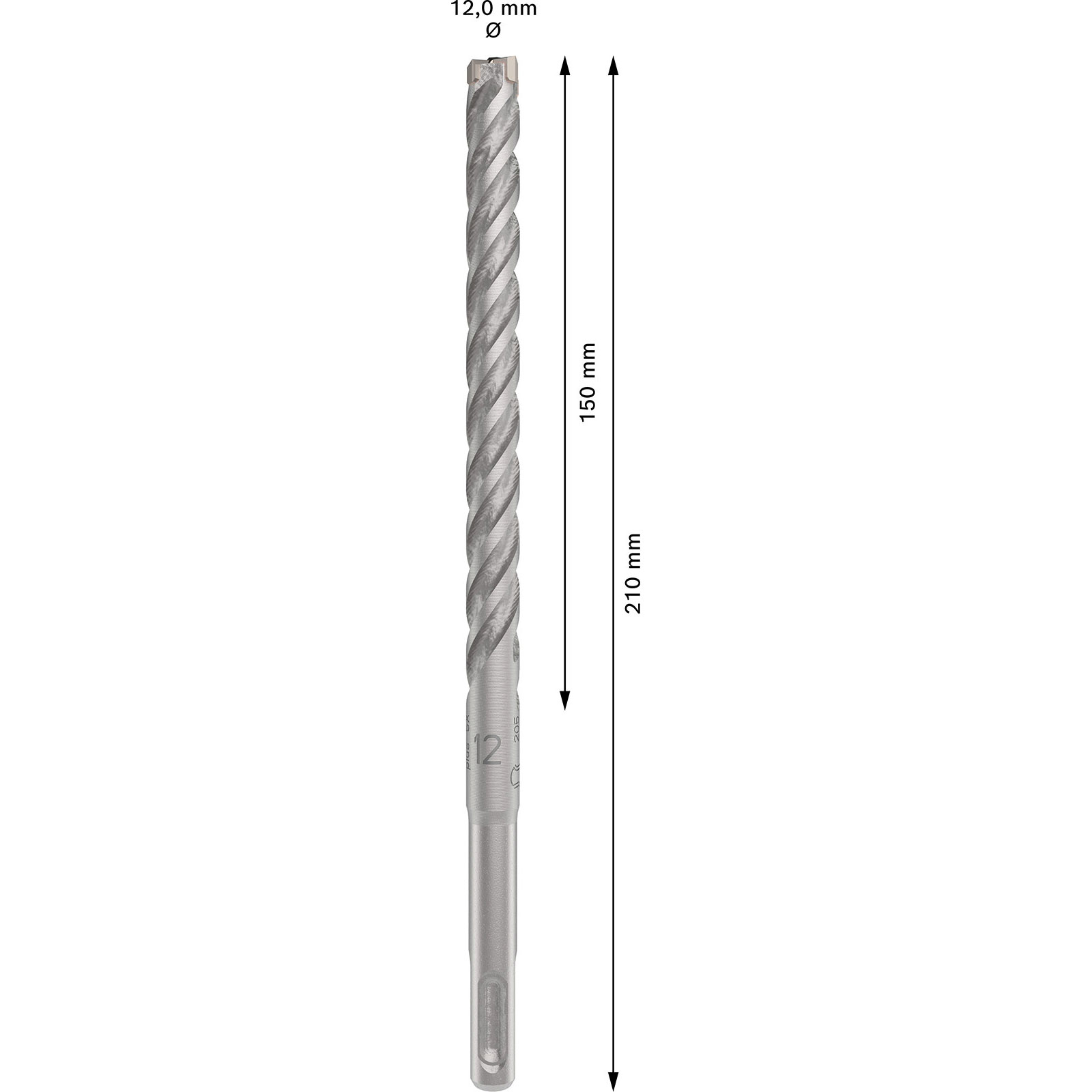 Ein Metallbohrer mit Spiralnuten. Abmessungen: 12 mm Durchmesser, 150 mm Länge und 210 mm Gesamtlänge.