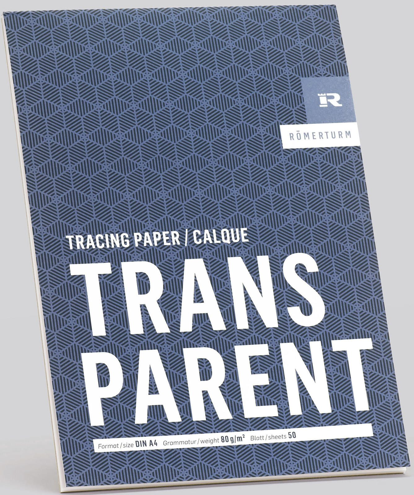 Eine Packung Transparentpapier mit dem Wort 'TRANSPARENT'. Es hat einen blauen gemusterten Hintergrund und den Markennamen 'RÖMERTURM'.