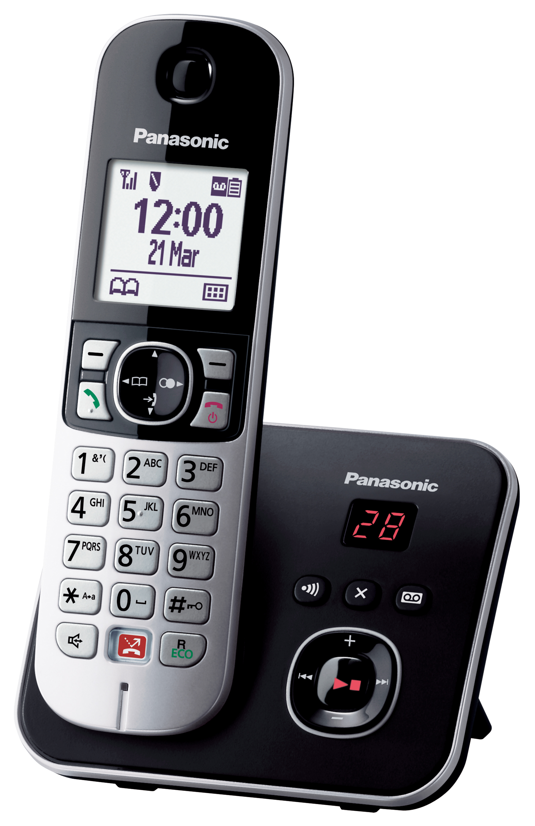 Ein schnurloses Panasonic-Telefon. Der Hörer liegt auf der Basis. Der Bildschirm zeigt Uhrzeit und Datum. Tasten sind sichtbar.