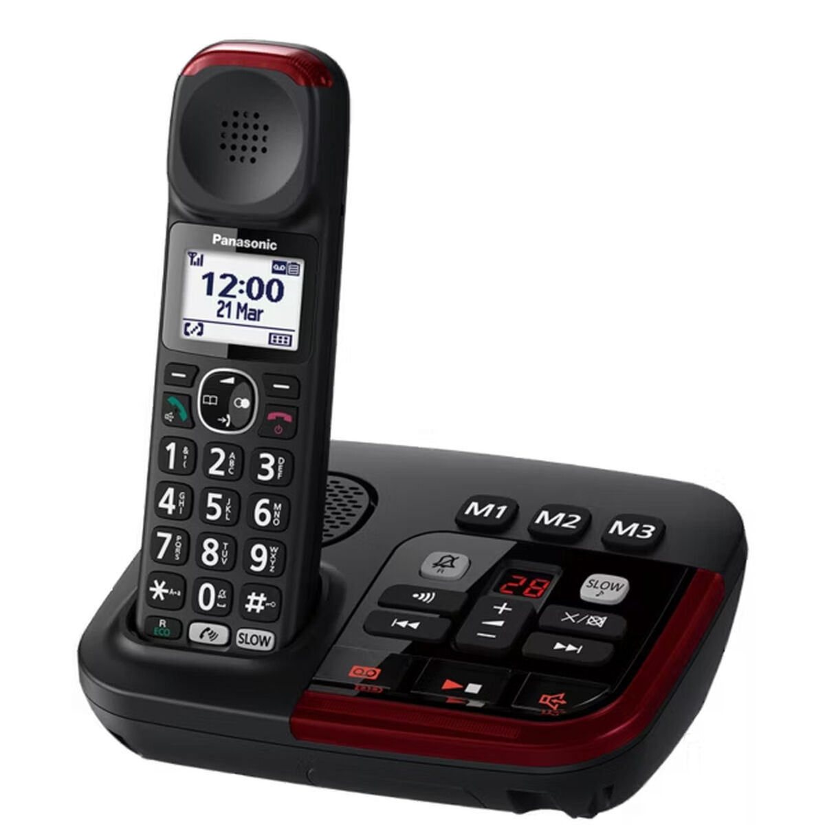 Ein schwarzes schnurloses Panasonic-Telefon mit roter Akzentuierung. Der Hörer befindet sich auf der Basis mit einer Anzeige von Zeit und Datum.