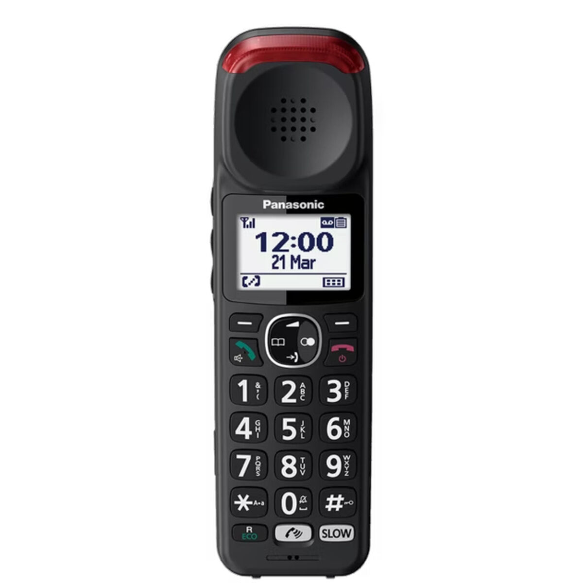 Ein schwarzes schnurloses Panasonic-Telefon mit roter Oberseite. Es hat einen Bildschirm mit Uhrzeit und Datum sowie eine Tastatur.