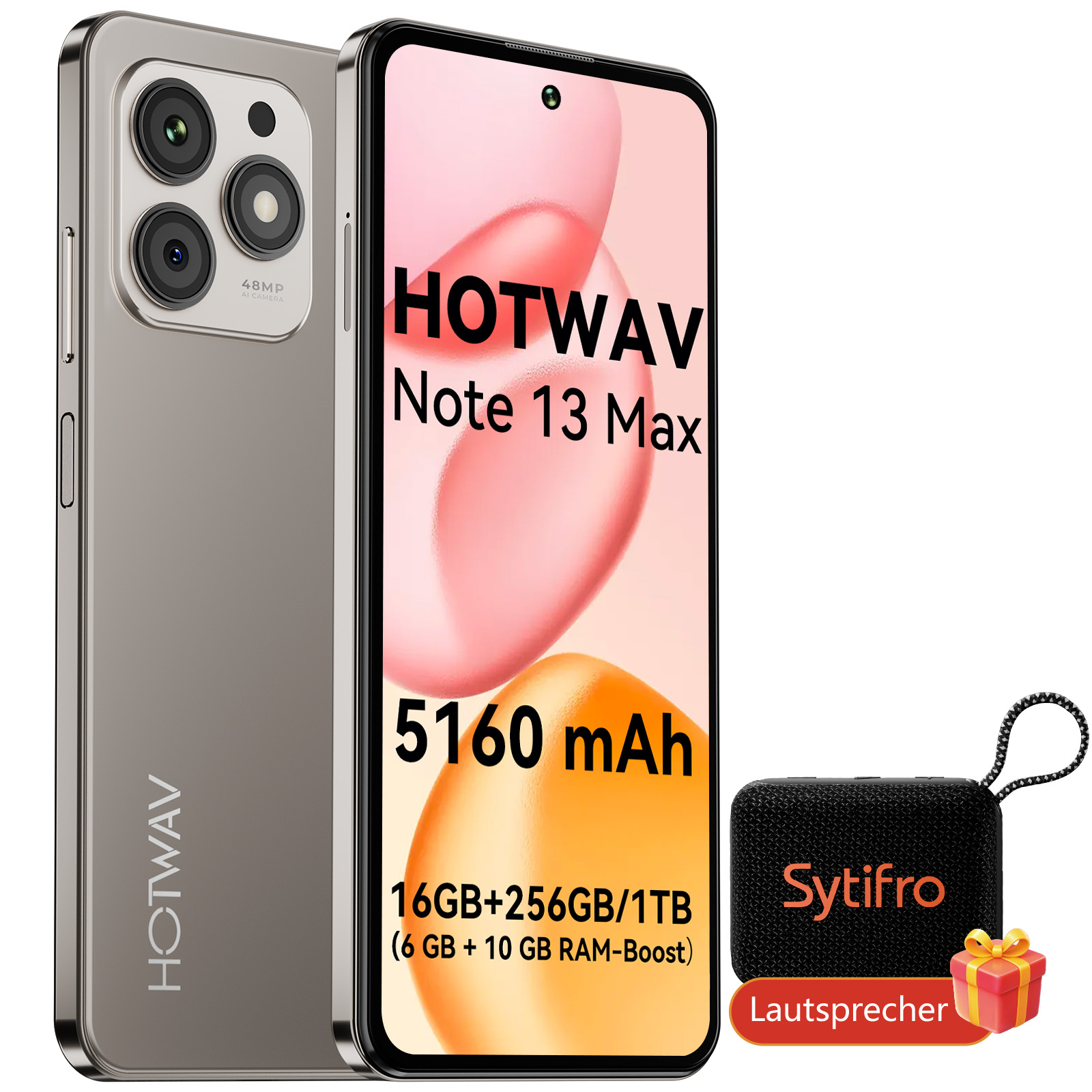 Ein Smartphone mit der Aufschrift 'HOTWAV Note 13 Max', Spezifikationen und einem kleinen Lautsprecher.