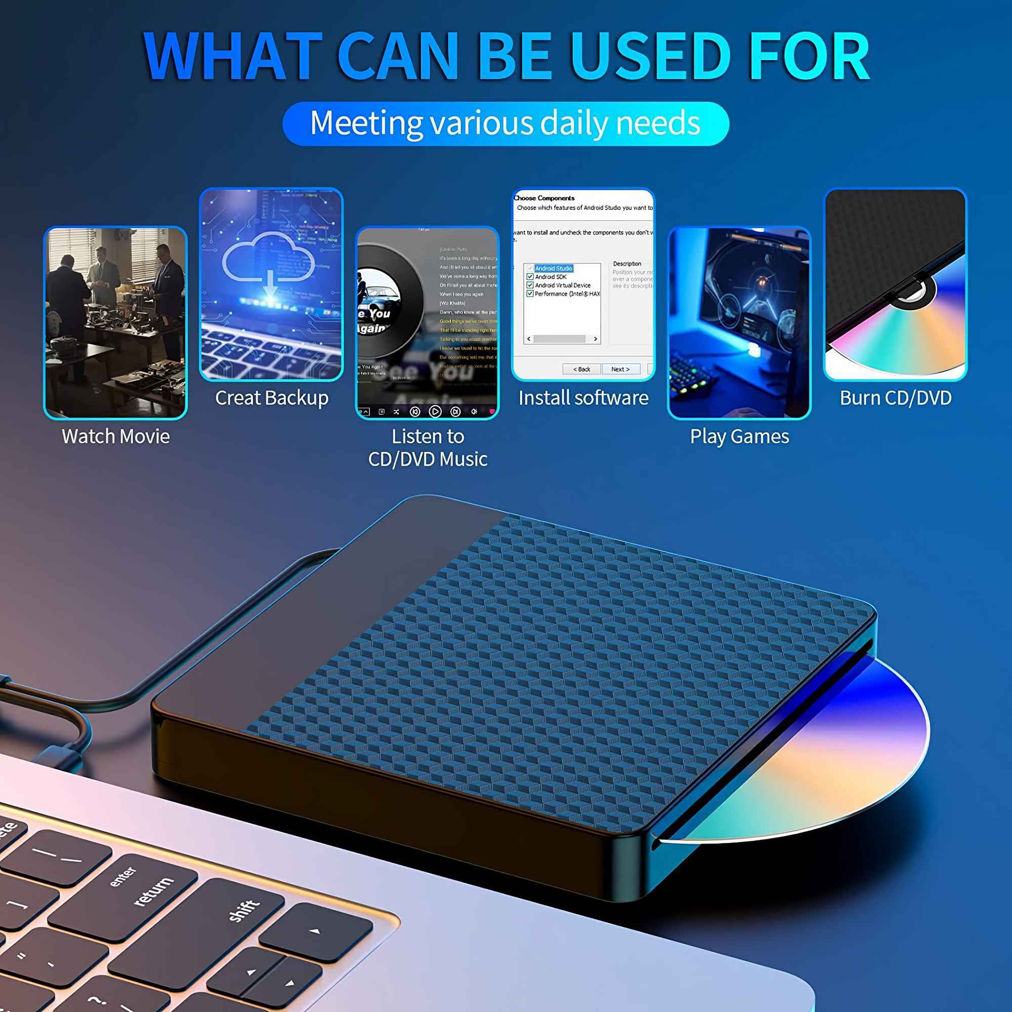 Ein Laptop mit CD-Laufwerk, mit eingelegter CD. Symbole zeigen die Verwendung: Filme ansehen, sichern, Musik hören usw.