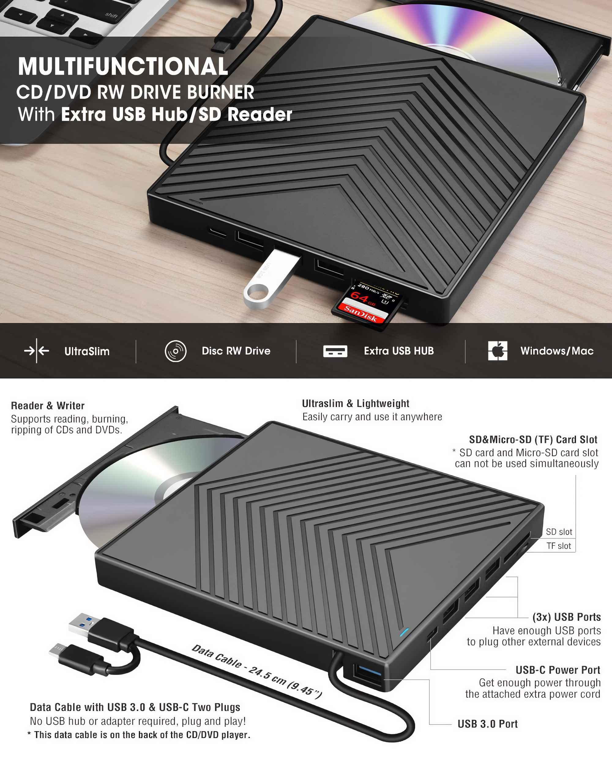 Schwarzes CD/DVD-Laufwerk mit USB-Hub, SD-Kartenleser und USB-Anschlüssen. Eine CD befindet sich im Laufwerk.