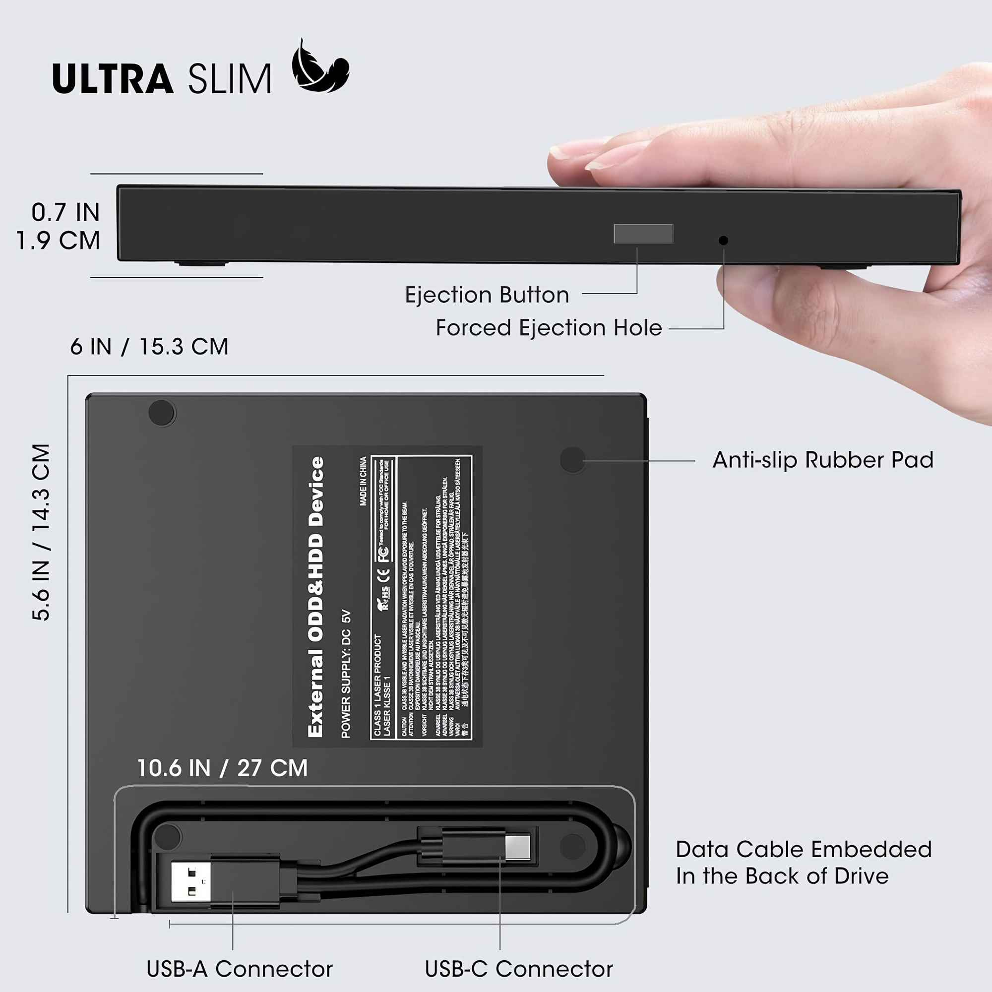 Schwarzes externes ODD & HDD-Gerät. Verfügt über einen USB-A- und USB-C-Anschluss, eine Auswurftaste und Anti-Rutsch-Pads.