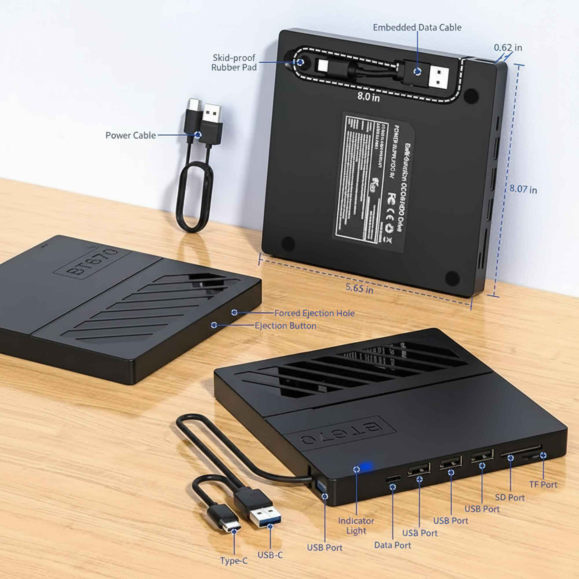 Schwarzes BT670-Gerät mit Anschlüssen, Kabeln und beschrifteten Abmessungen. Inklusive Strom- und Datenkabel.
